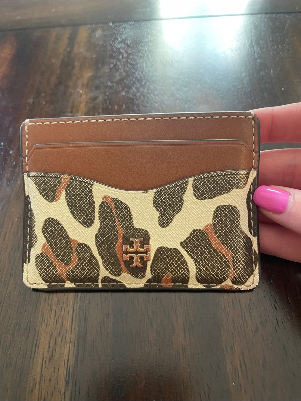 Tory Burch Leopard-Print Card Holder in Brown and Cream